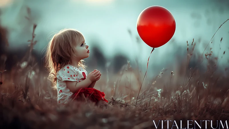 Young child observing red balloon in soft grassy field.