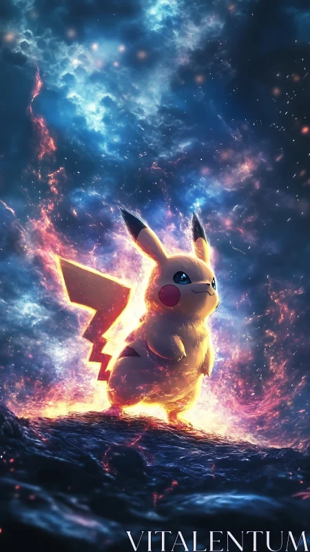 Pikachu stands on rocky ground amid glowing cosmic storm