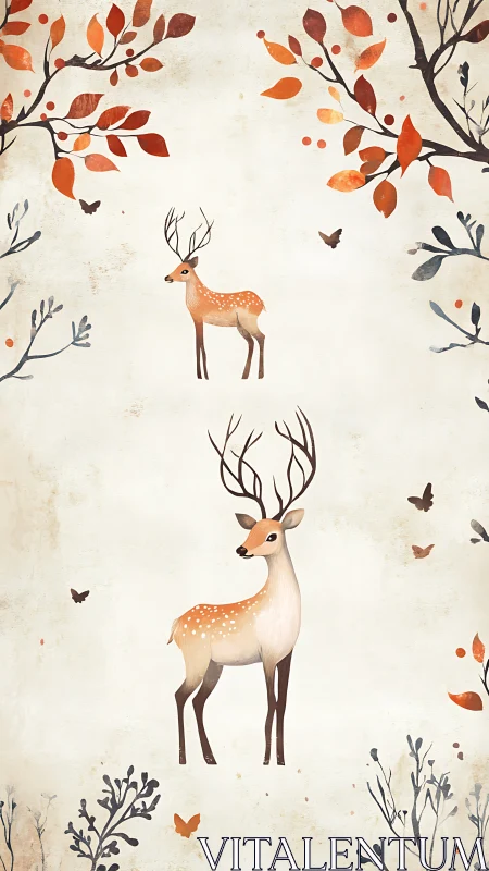 Autumn deer illustration with falling leaves and butterflies.