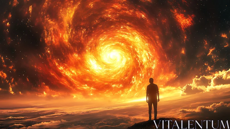 Silhouetted figure observes blazing cosmic vortex over clouds