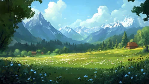 Digital painting of alpine meadow with distant snow peaks.