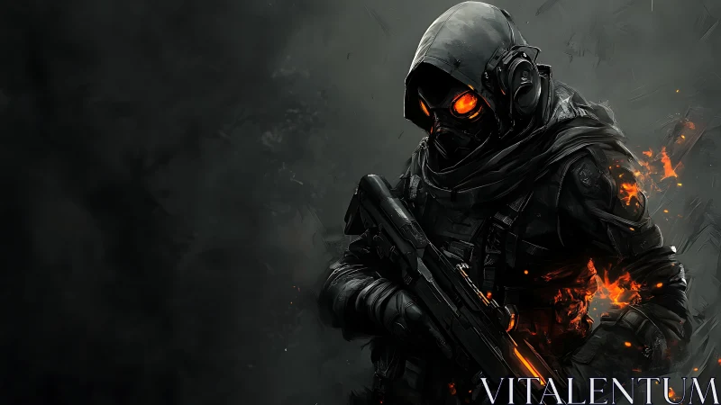 Armored soldier in tactical exosuit with emissive orange flames