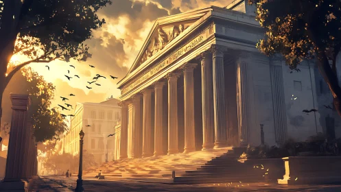 Sunlit neoclassical temple with grand colonnaded steps.