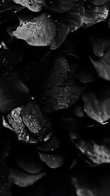 Water droplets on leaves in monochrome.