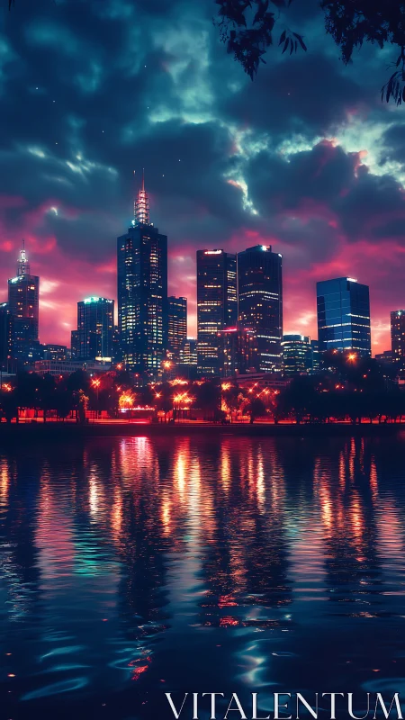 Neon skyline over riverfront high-rises with vivid reflections.