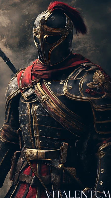 Armored centurion portrait with gilded plate harness details.