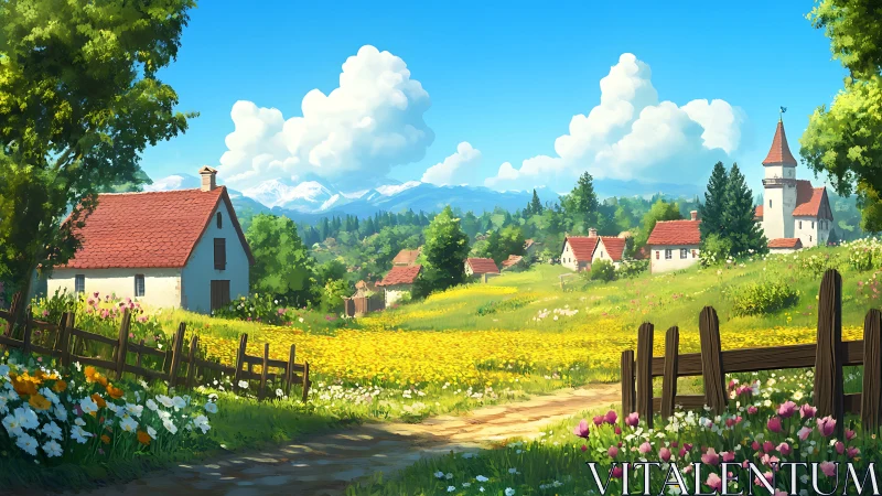 Sunlit alpine village landscape rendered in bright digital painting