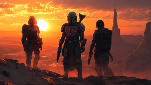 Armored sci fi warriors stand over desert at sunset.