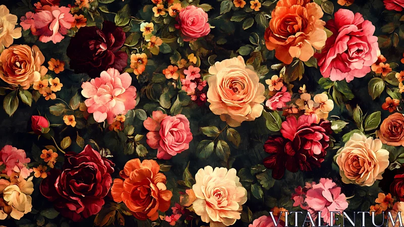 Floral composition with roses and secondary blooms on dark background