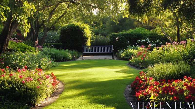 Sunlit garden path curving toward a quiet storybook bench.