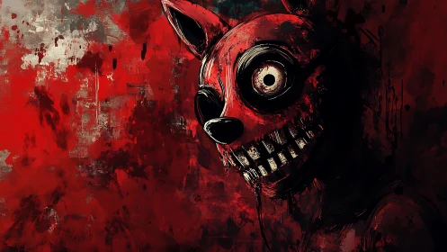 Grotesque red animatronic grins in chaotic abstract bloodscape.