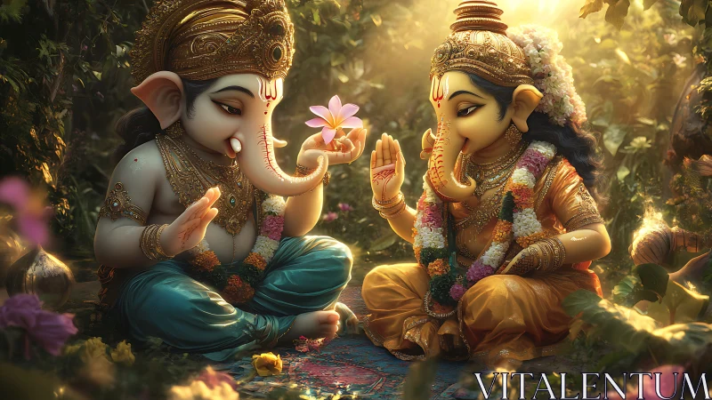 Digital painting of childlike Ganesha figures in luminous grove.
