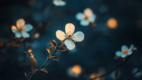 Delicate White Blossoms Glowing Against Deep Blue.