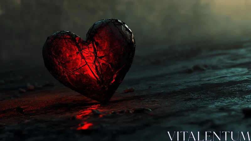 Luminescent heart form rendered with incandescent core and cracked translucent shell structure