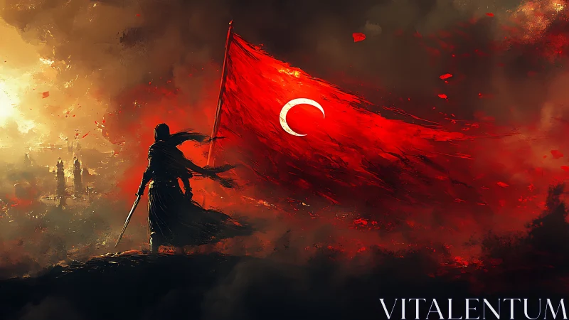 Silhouetted warrior holding red crescent flag in smoky landscape.
