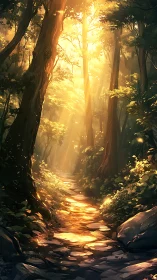 Golden sunlight filters through towering forest trees.