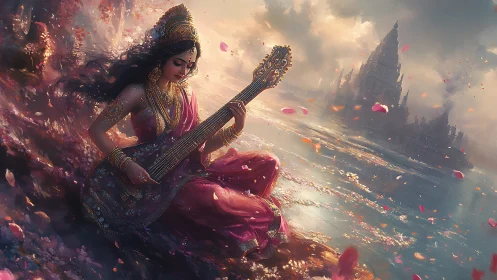 Riverborn goddess strums twilight ragas in rose-gold storm.