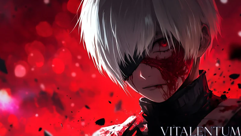 White haired anime character stares forward with bloodied face