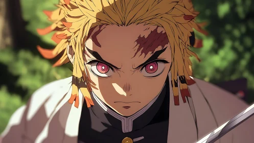 Focused anime swordsman with flame-patterned blond hair.
