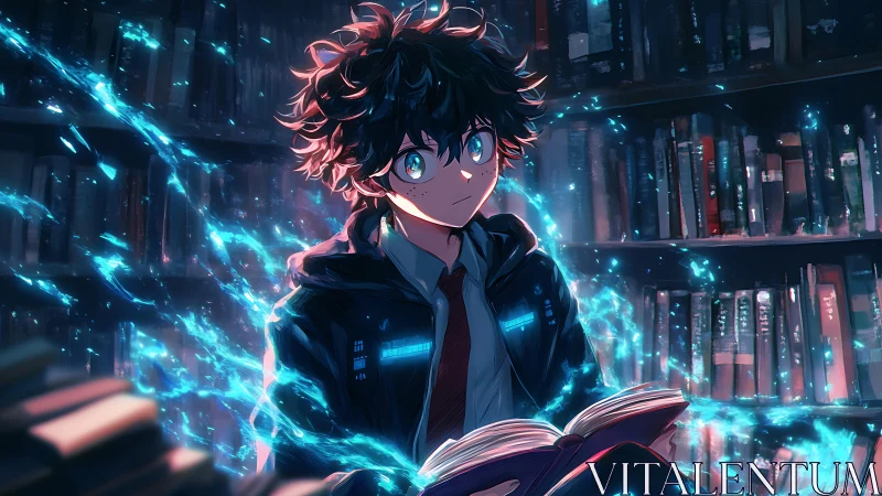 Young sorcerer unlocks glowing magic in a quiet library