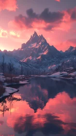 Crimson dusk crowns a winter peak in mirrored silence.