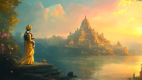 Temple complex across river with robed figure in foreground.