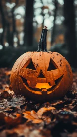 Glowing jack-o-lantern resting on autumn forest floor.