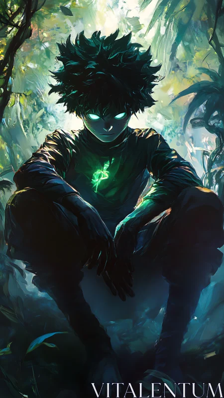Green-lit figure in dense forest with glowing pendant.
