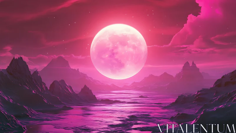 Neon lunar horizon over surreal frozen alien sea.