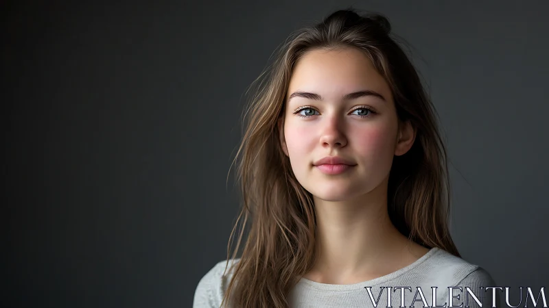 Soft daylight crowns a serene young face in quiet focus
