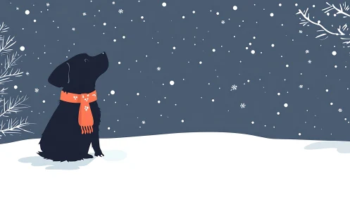 Snowdrifts pause as a scarfed black pup studies the sky