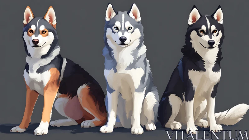 Trio of painted huskies quietly rehearse their heroic poses