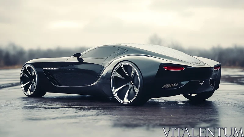 Futuristic black sports coupe parked on wet overcast pavement