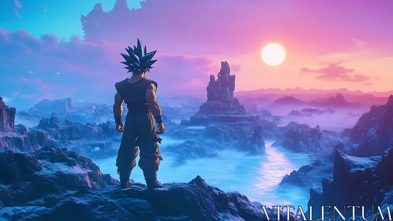 Spiky haired figure overlooking rocky alien coast at sunset.