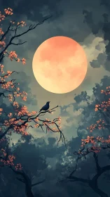 Crimson moon crowns twilight forest with solitary songbird