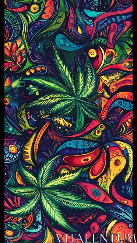 Psychedelic cannabis leaves swirl through neon abstract chaos