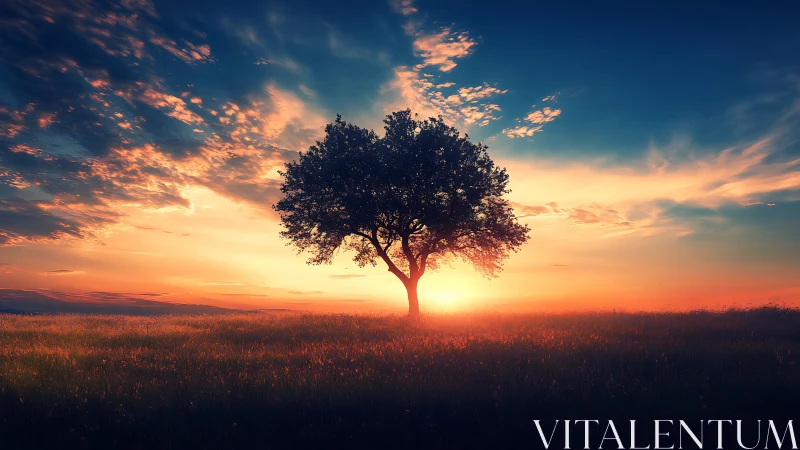 Lone tree silhouetted at sunset in a vibrant, dreamy landscape.