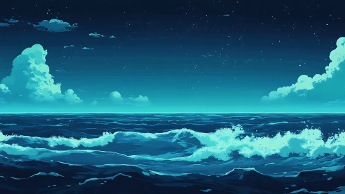 Midnight waves roll under a starlit teal horizon sky