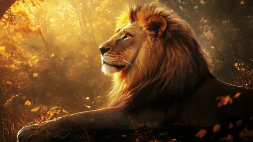 Golden light lion portrait in autumn forest glow.