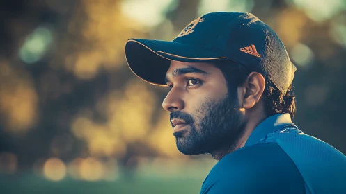 Pensive young man in cap under warm golden bokeh light.