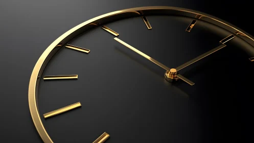 Elegant Minimalist Gold Clock on Black Background, 3D Render.