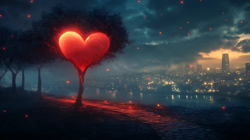 Glowing Heart Tree Overlooking Neon City.