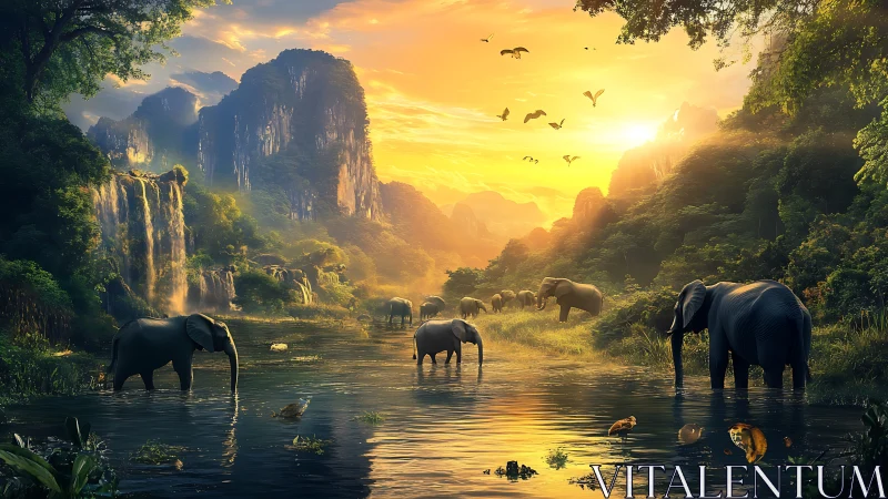 Sunlit elephant herd crossing lush jungle river at dawn.