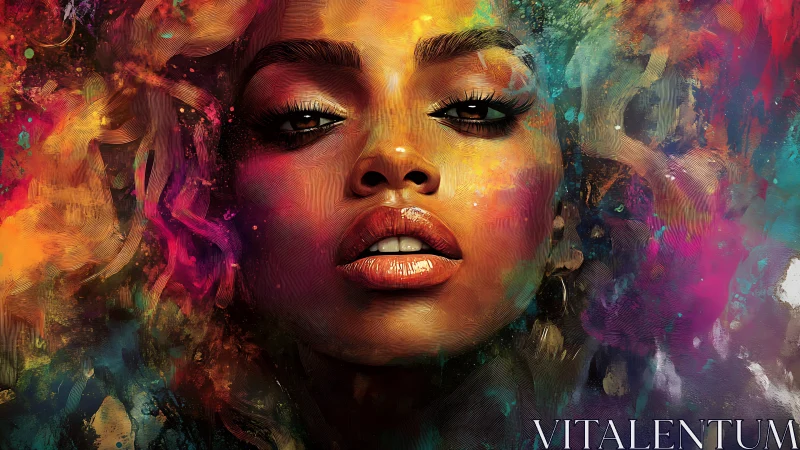 Color storms crown her gaze as neon brushstrokes breathe fire