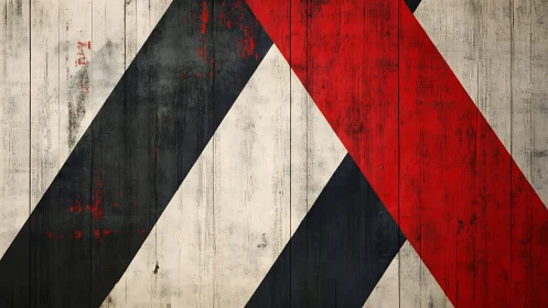 Bold red and charcoal stripes crossing weathered wood.