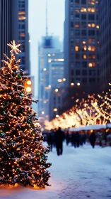 Snowlit city Christmas tree glows against winter twilight.