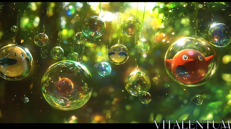 Glowing forest bubbles suspend glossy cartoon creatures