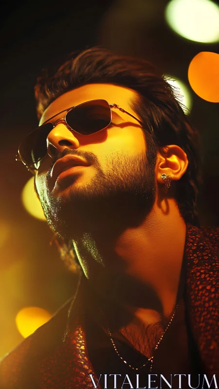 Man in sunglasses under warm nightlife bokeh lighting.