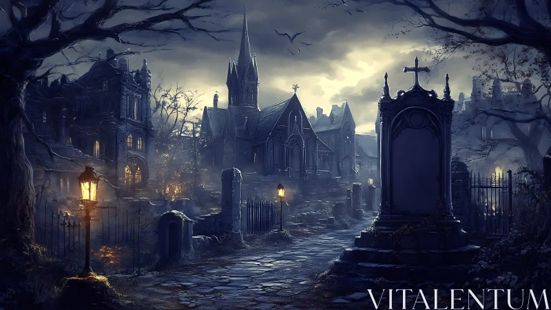 Gothic church and graveyard under stormy night sky.