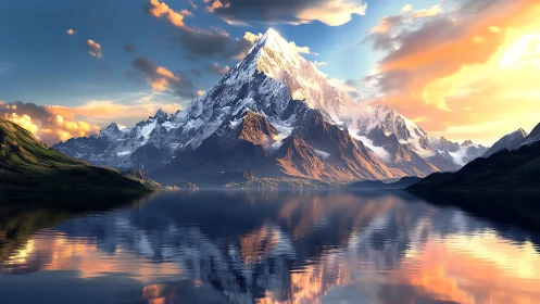 Snowcapped mountain peak dominates mirrored alpine lake at dusk